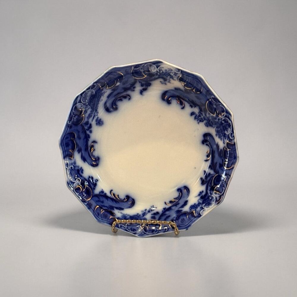 Antique Flow Blue Bowl W.H. Grindley Argyle Pattern England 1890s Gold Trim 8"